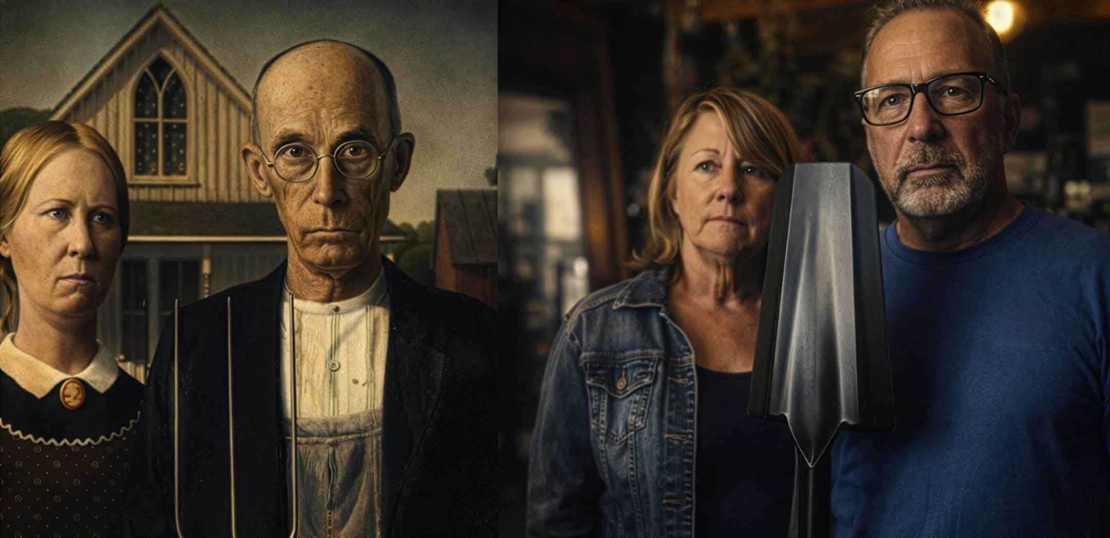 Two pairs of people in different settings, one with a house and the other with a bar. Both holding a man shovel.